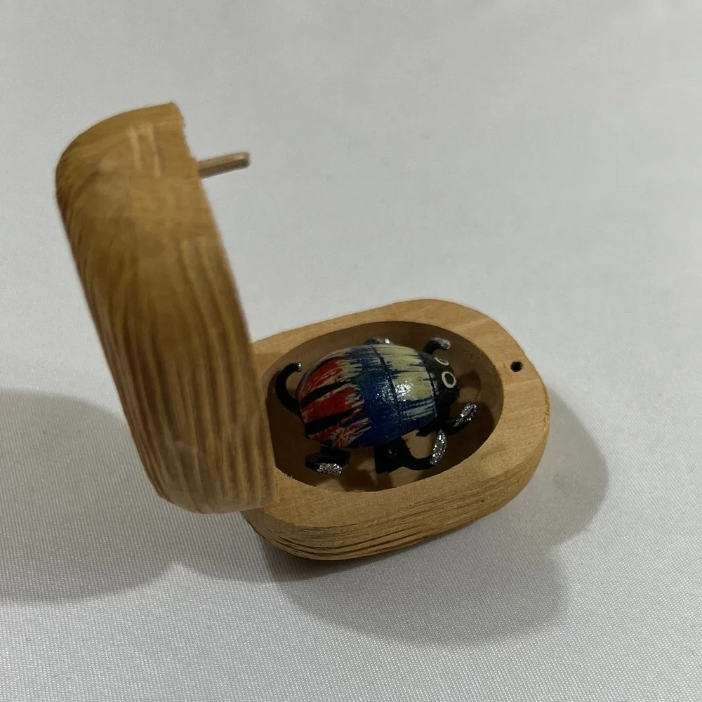Vintage Hand Carved Wood Nut Trinket Box Miniature Painted Beetle Spider 1.5